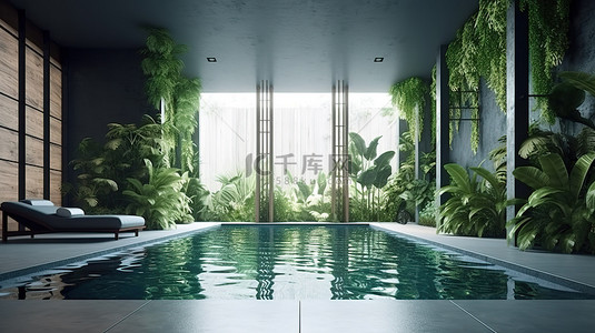 带有模型花园和游泳池的室内场景的 3d 渲染图