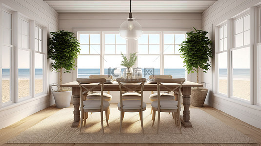 餐厅口布背景图片_汉普顿风格的餐厅，具有沿海灵感设计和舒适的家居氛围 3D 渲染插图