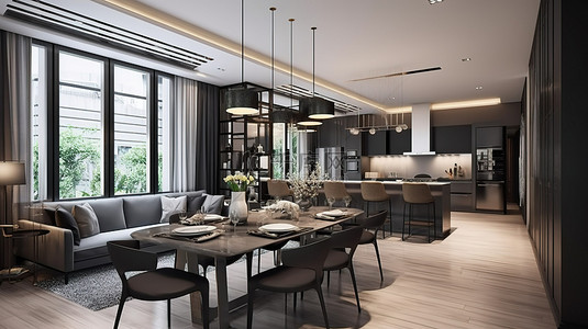 现代 3D 渲染餐厅厨房和起居空间中的豪华装饰