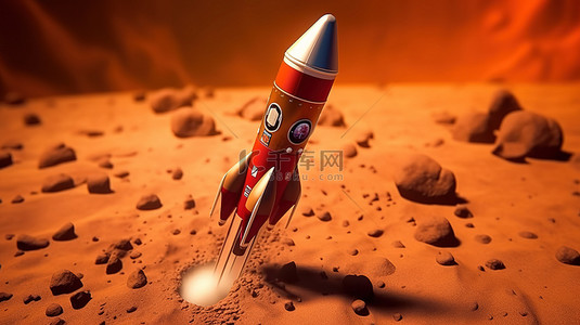 卡通火箭太空背景图片_靠近外太空红色星球的卡通火箭的 3D 渲染