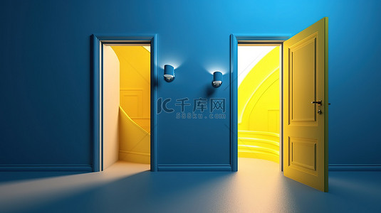 黄色光门在蓝色背景上两扇关闭的蓝色门之间的 3D 渲染中脱颖而出