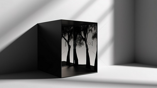 3D 渲染开放式黑色木箱，在白墙上有树形阴影