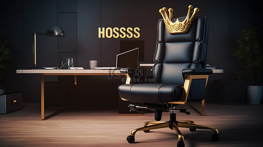 黑色办公室背景图片_一张纸上的巨型老板信息覆盖在豪华的黑色皮椅上，白色背景上有金色皇冠 3D 渲染