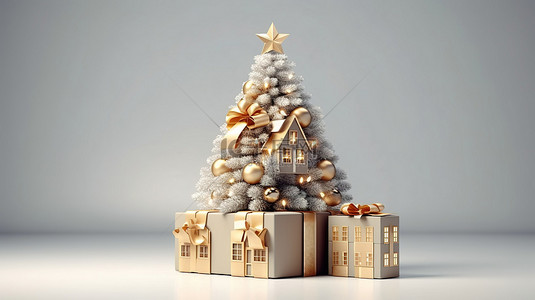 奢华装饰背景图片_灰色背景上带有房屋礼品盒和树的节日圣诞节场景的 3D 渲染