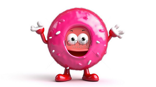 3D 渲染的人物吉祥物，拿着一个大的粉红色釉面甜甜圈，白色背景上有红色禁止标志
