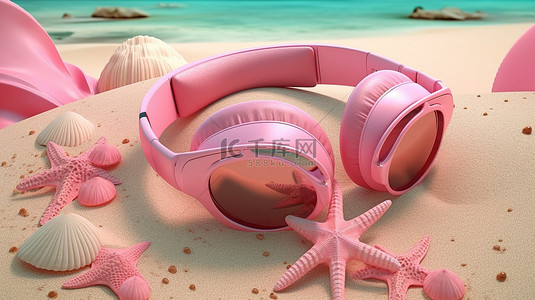 假期沙滩背景图片_粉色耳机太阳镜海星贝壳充气环和沙滩上人字拖的夏季必需品 3D 渲染图像