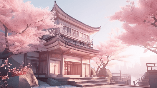 粉色鸟背景图片_建筑日式樱花卡通背景