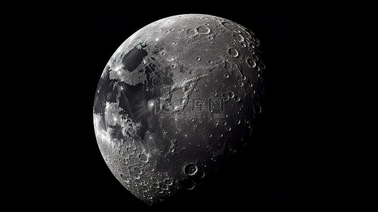 3D 渲染的月球行星在黑色背景上展示了由 NASA 提供的复杂细节