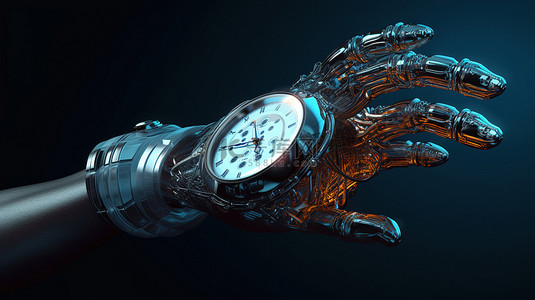 手表人背景图片_由机器人手持的时钟计时器的 3d 渲染