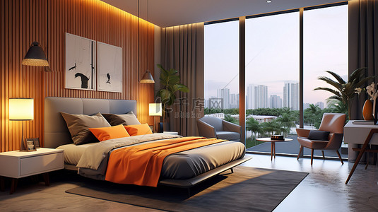 现代酒店卧室引人注目的家具设计与 3D 插图