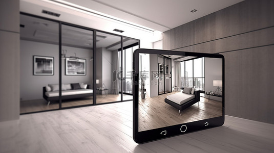 房屋安全背景图片_智能手机应用程序在 3D 渲染中控制当代室内