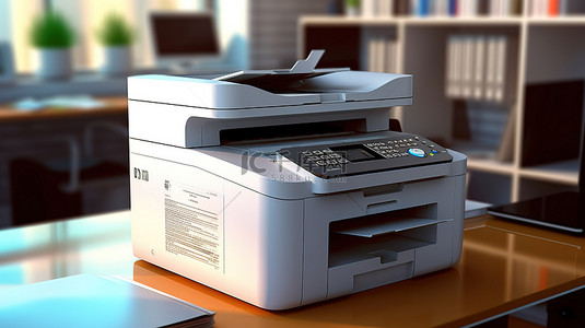 办公室插画背景图片_办公专业设备多功能打印机和扫描仪技术的 3D 插图