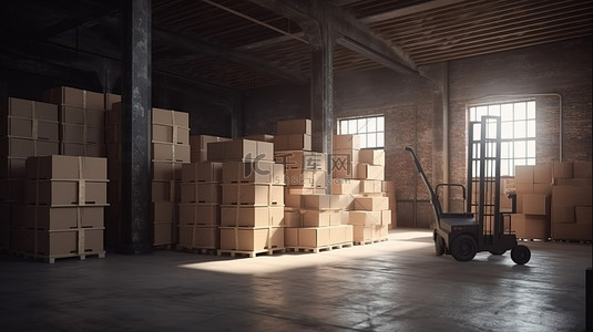 推车货物背景图片_带堆叠纸板箱和推车的存储仓库的 3D 插图
