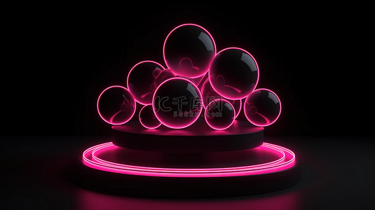 黑色底座上的辐射粉色霓虹灯设计圆形 LED 线，带有黑色球体口音抽象背景 3D