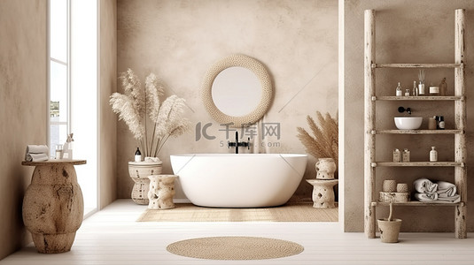 波西米亚斯堪的纳维亚风格的米色浴室 3D 渲染家居室内装饰