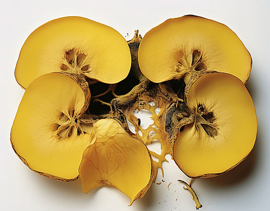 一大块黄色水果被分成四块并食用