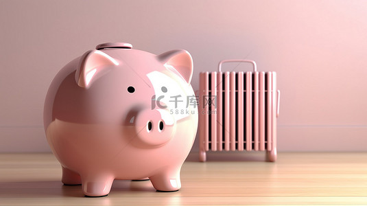 与家用散热器配对的存钱罐储蓄箱的 3D 渲染描述了管理供暖成本