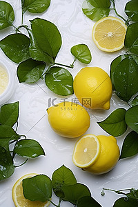 白色杂乱平坦表面上的柠檬和常春藤