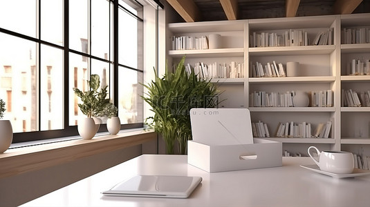 现代阁楼工作区的 3D 渲染，配有带白屏触摸板模型的数字平板电脑