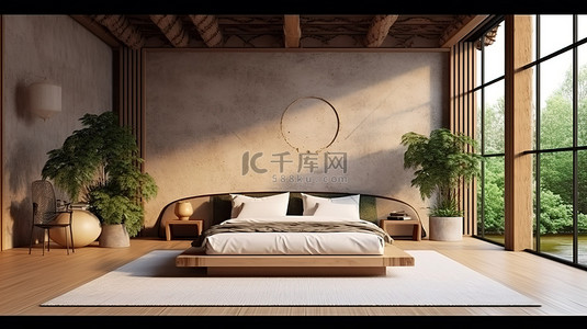 日式榻榻米背景图片_热带室内设计，带有日式风格的卧室 3D 渲染，配有榻榻米地板