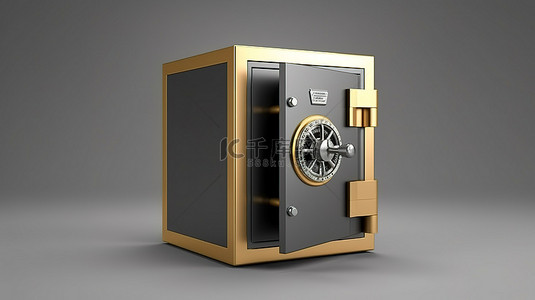 挂锁钢制保险箱，用于在坚实的背景 3D 渲染上保护硬币金钱黄金或存款