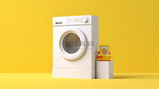 当代白色洗衣机吉祥物的 3D 渲染，在黄色背景下设有空白广告架