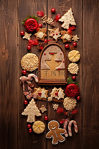圣诞节框架背景图片_木制圣诞背景，有不同的圣诞图案和饼干