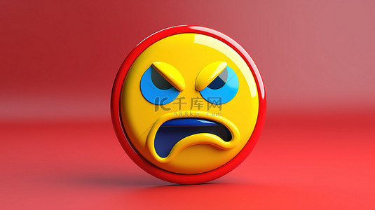 圆形按钮动态平面彩色表情符号上恶意情感图标的 3D 渲染