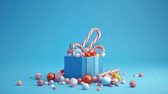 3d 冬季销售中的圣诞礼物和礼物呈现在蓝色背景上