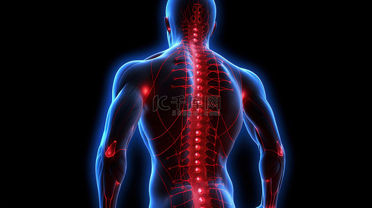 疼背景图片_令人痛苦的背痛，在黑色背景下引人注目的 3D 渲染插图