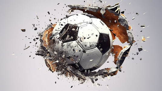 球碰撞背景图片_部分破碎的足球与飞行碎片的 3D 插图