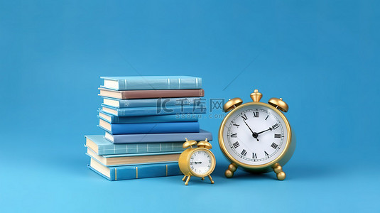 蓝色背景与 3D 时钟和象征教育的书籍