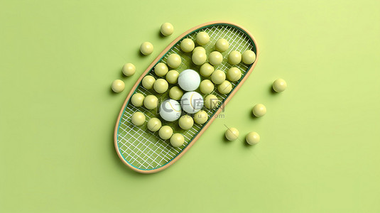 复古网球拍背景图片_3D 时尚柔和绿色背景中的健身，配有网球拍和球
