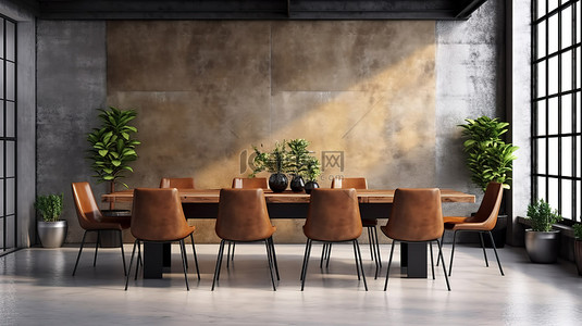 创意餐厅的 3D 渲染，配有阁楼式大桌子实心混凝土工作台和六把软椅