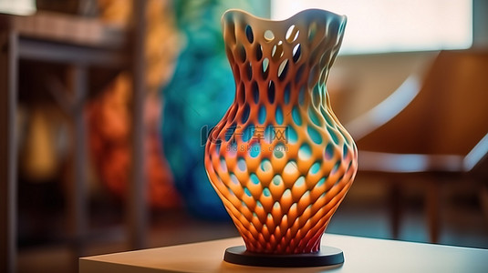 室内特写镜头中放置在椅子上的令人惊叹的 3D 打印花瓶