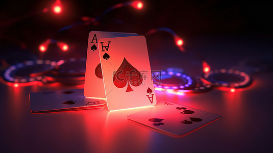 扑克牌背景图片_扑克牌和赌场筹码上发光霓虹灯的 3D 插图