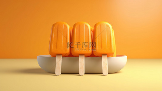 冰激凌夏季背景图片_棒状橙色冰棒冰淇淋的 3D 插图