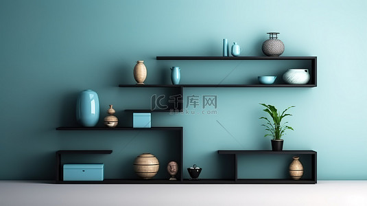 室内简约装饰背景图片_现代日本蓝色房间 3d 渲染中的简约橱柜