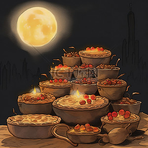 当心着火背景图片_苹果派和馅饼与月亮一起着火