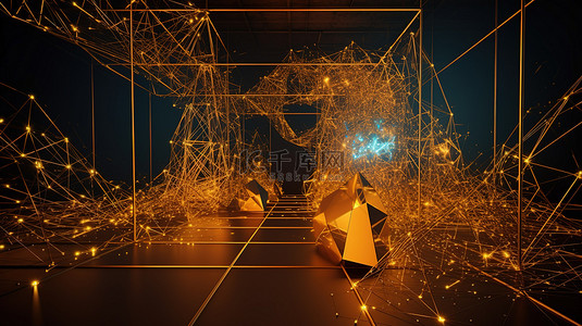 黄色几何形状背景图片_几何形状和黄色激光灯引人注目的 3D 插图
