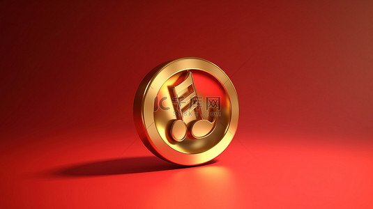 红色哑光板上的金色音乐徽章 3D 渲染的社交媒体图标