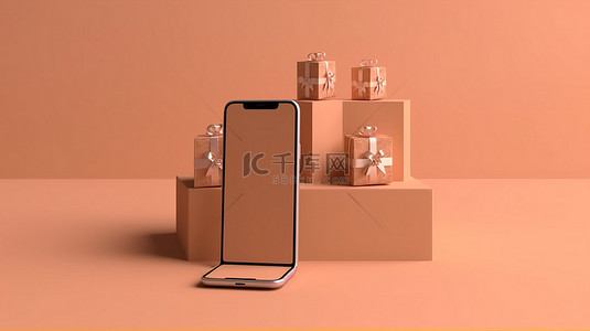 电器手机背景图片_手机的 3D 渲染，周围环绕着交付和礼物，描绘了在线购物的想法