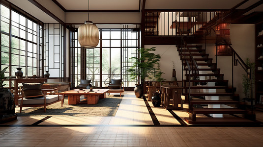 一楼日本风格的两层住宅室内装饰以 3D 渲染