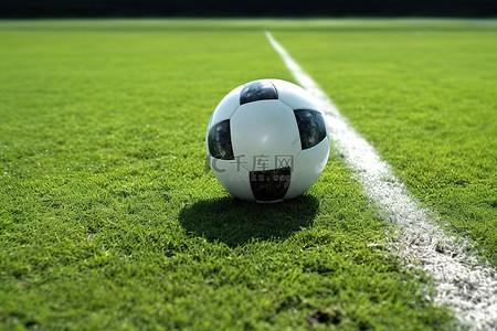 足球在草地边缘，背景为半场