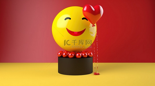 浮动背景上带有爱情气球表情符号的接吻表情符号的 3d 讲台