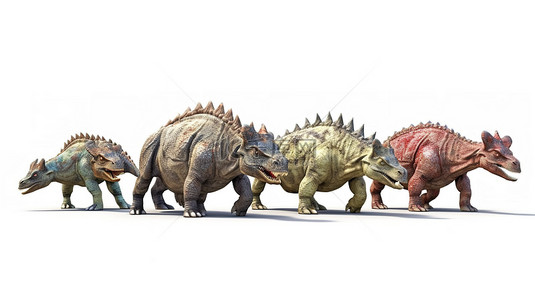 白色背景上一群 einiosaurus 的 3d 插图