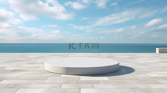 广阔的混凝土地板和圆形白色讲台，位于天空背景下海景广场的 3D 渲染中