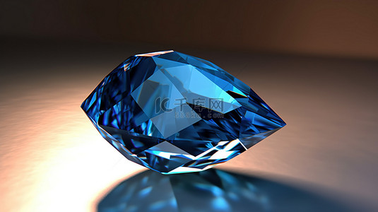 反光背景上带有蓝色钻石的蓝宝石宝石的 3D 渲染