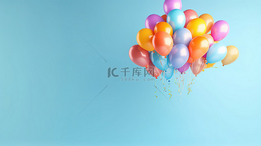 生日快乐蓝色背景背景图片_充满活力的气球在蓝色背景水平横幅上庆祝快乐的生日，带有 3D 渲染