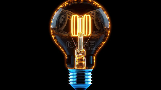 创意美元背景图片_黑色背景上明亮光滑的霓虹灯美元灯泡标志的 3D 渲染概念
